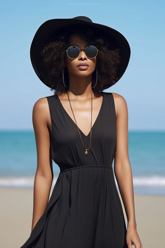 Black woman wear minimal beach fashionable sunglasses portrait adult.