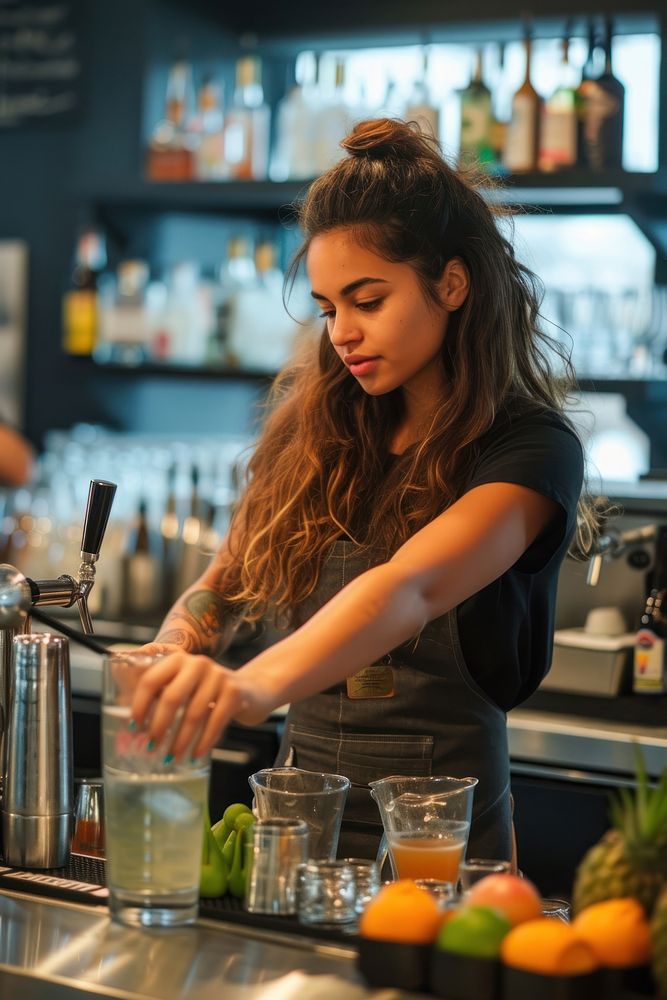 Female multi ethnic bartender at work food entrepreneur coffeemaker.