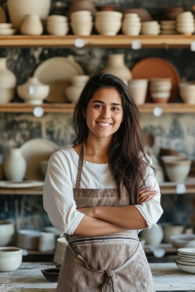 Multi ethnic ceramist at pottery studio adult entrepreneur happiness.
