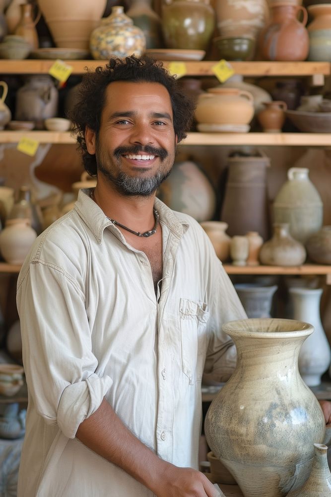 Multi ethnic ceramist at vase studio pottery adult craftsperson.