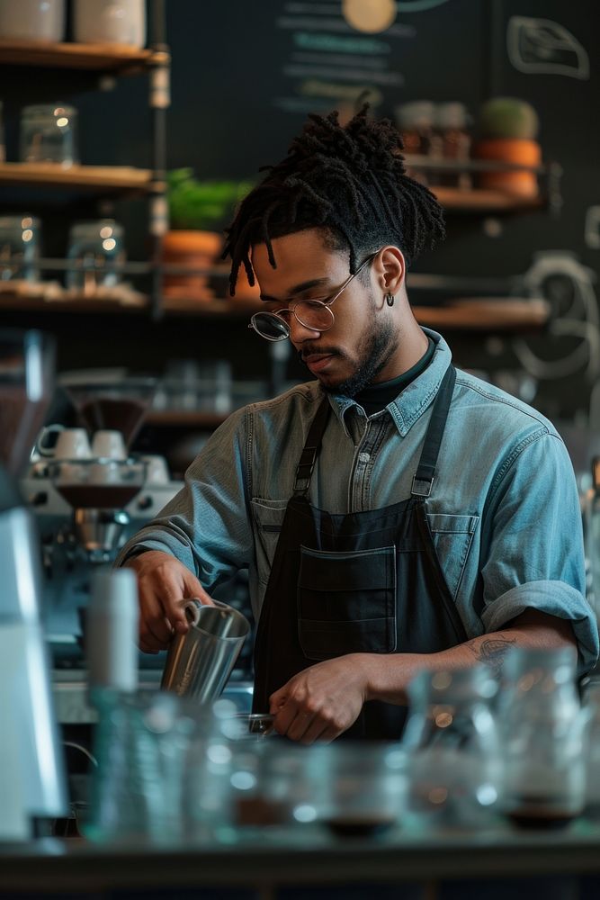 Multiracial barista at cafe adult concentration entrepreneur.