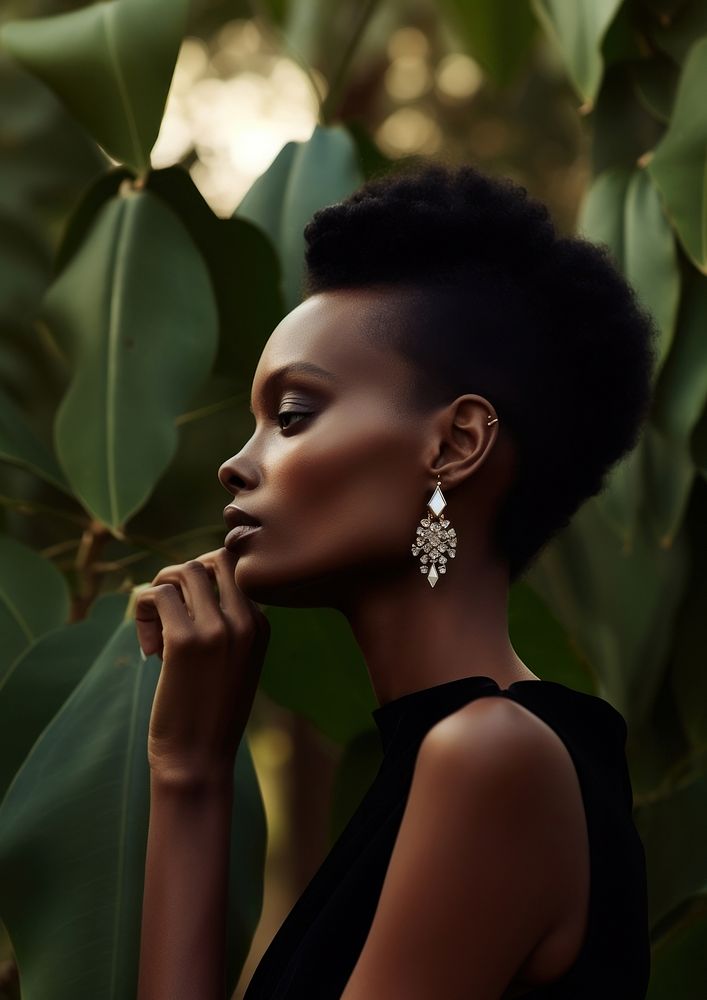 A black woman wearing modern diamond earring and ring photography portrait fashion.