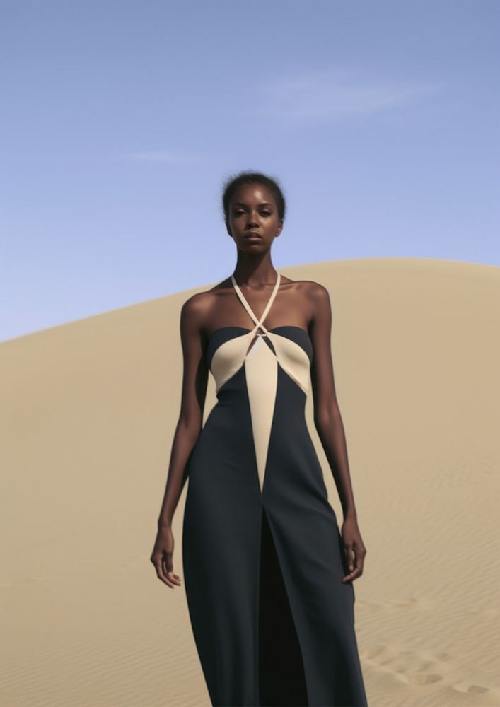 A black woman wearing minimal modern cloth standing in the middle of the desert fashion photography portrait.