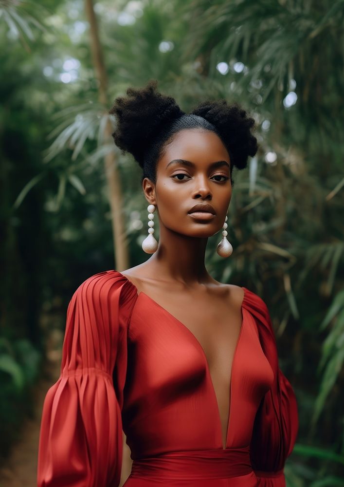 A black woman wearing red shirt with pearl earring photography portrait fashion.