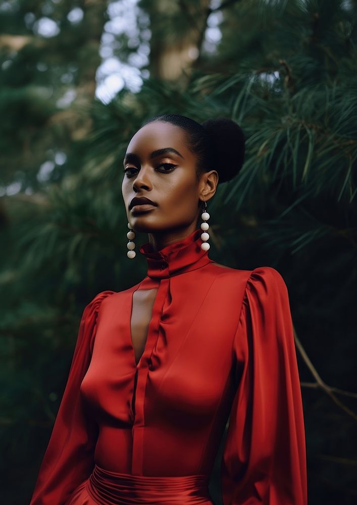A black woman wearing red shirt with pearl earring photography portrait fashion.