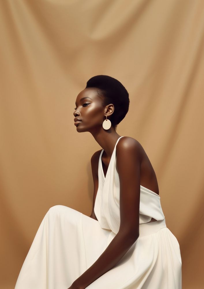 A black woman wearing white minimal dress and white minimal earring photography portrait fashion.