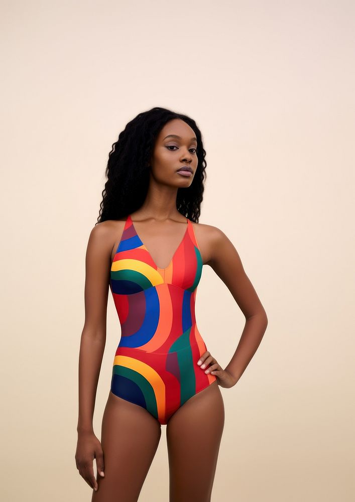 A black woman with long hair wearing modern colorful swimwear fashion bikini.