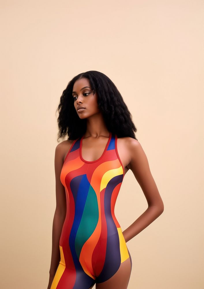 A black woman with long hair wearing modern colorful photography swimwear portrait.
