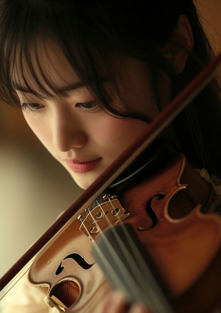 Chinese high school woman violin musician concentration.
