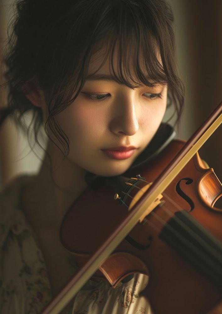 Japanese high school woman violin musician concentration.