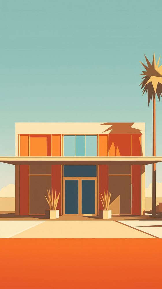 Retro film of a motel architecture building outdoors.