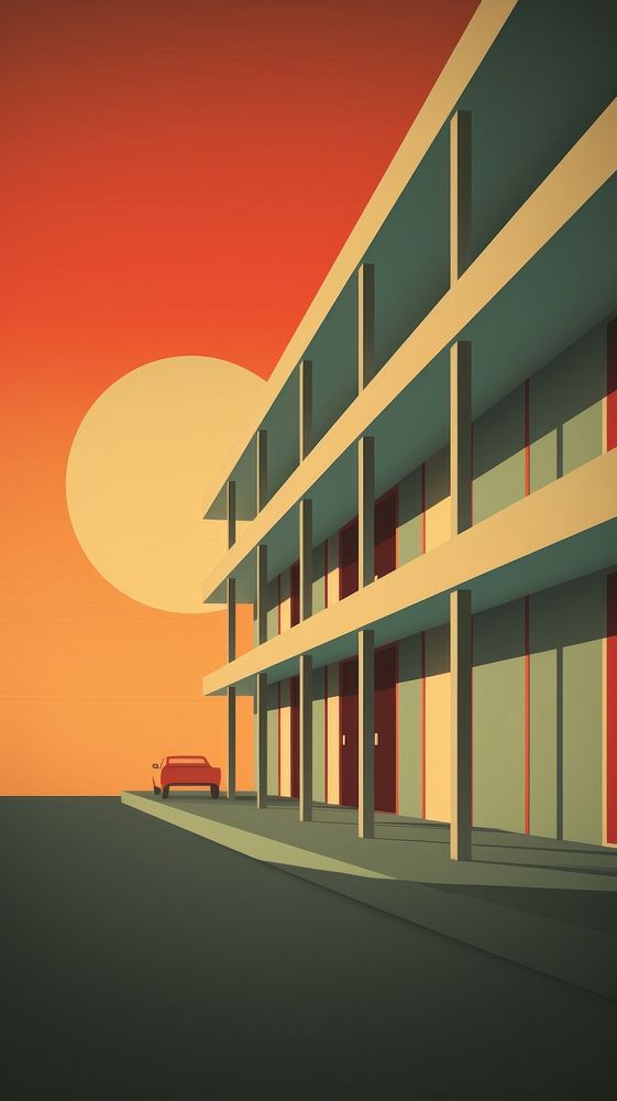 Retro film of a motel architecture building outdoors.