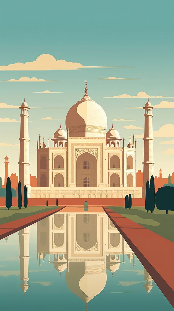 Retro film of Taj Mahal architecture building landmark.