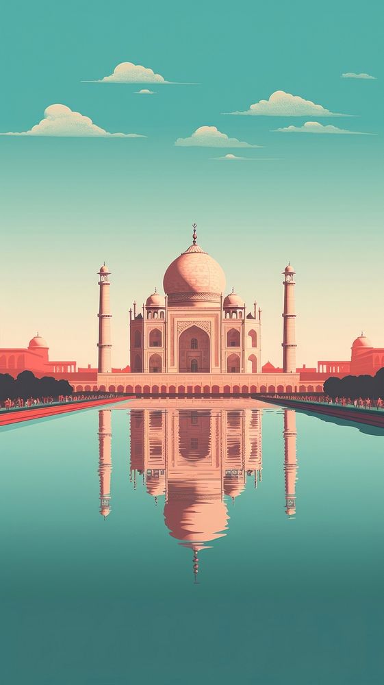 Retro film of Taj Mahal architecture building reflection.