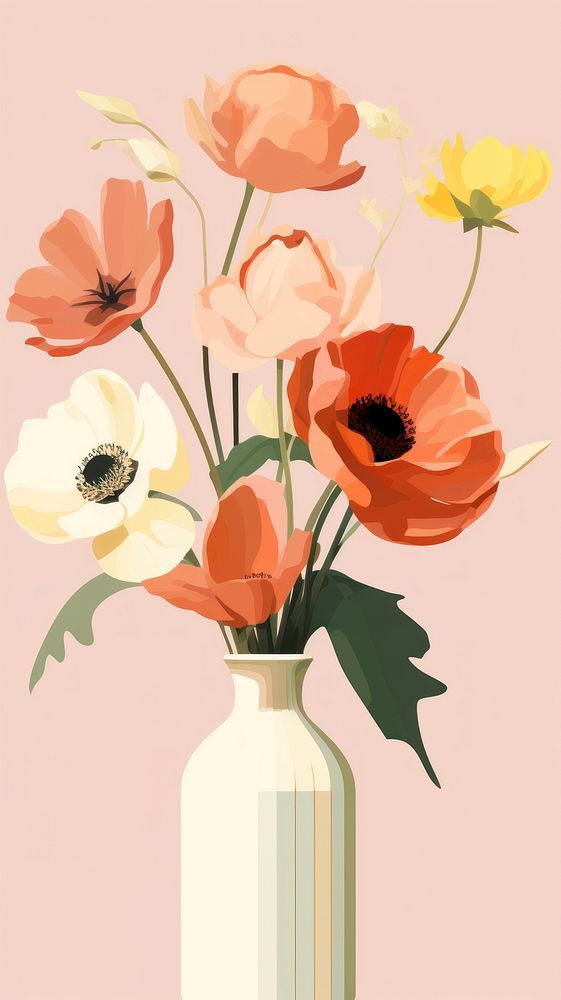 Retro film of vase of flowers art painting poppy.