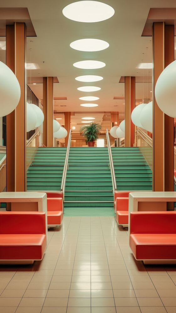 Retro photography of a shopping mall architecture staircase building.