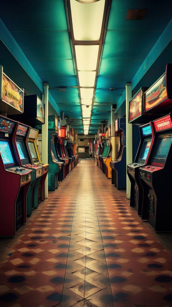 Retro photography of an arcade architecture game illuminated.