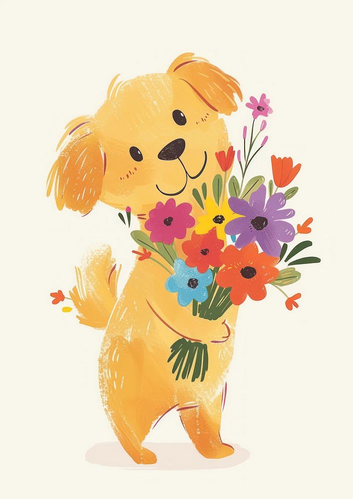 A cartoon dog holding a bunch of flowers animal plant cute.