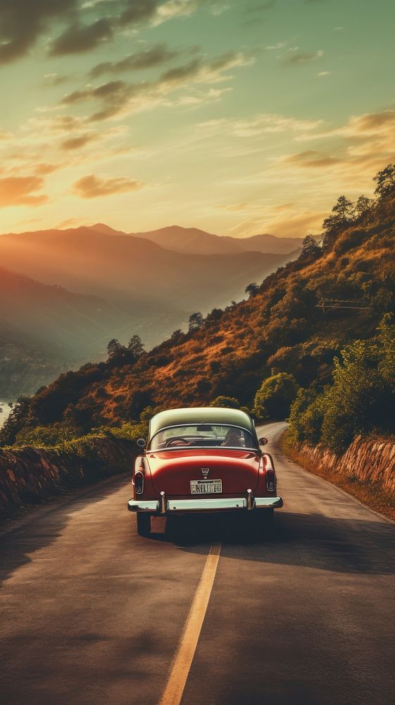  Intage car on the road wallpaper vehicle infrastructure transportation. AI generated Image by rawpixel.