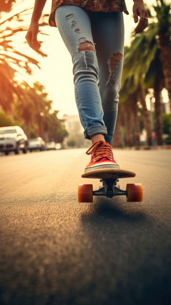  Woman playing skate in california road skateboard vehicle car. AI generated Image by rawpixel.