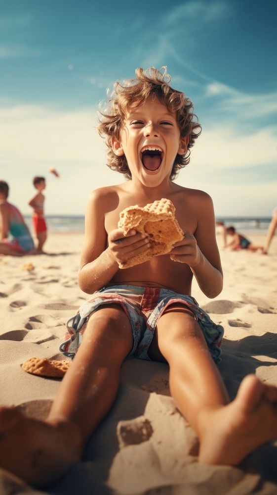  Chrildren eat snack in the beach wallpaper summer portrait outdoors. AI generated Image by rawpixel.