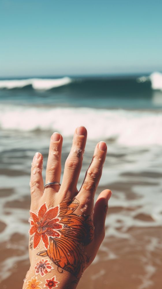  Surfs in the beach background finger hand skin. AI generated Image by rawpixel.