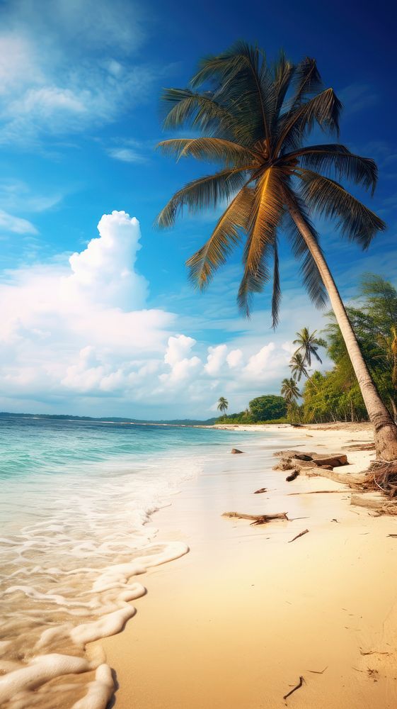  Beautiful beach with plam tree landscape outdoors nature. AI generated Image by rawpixel.