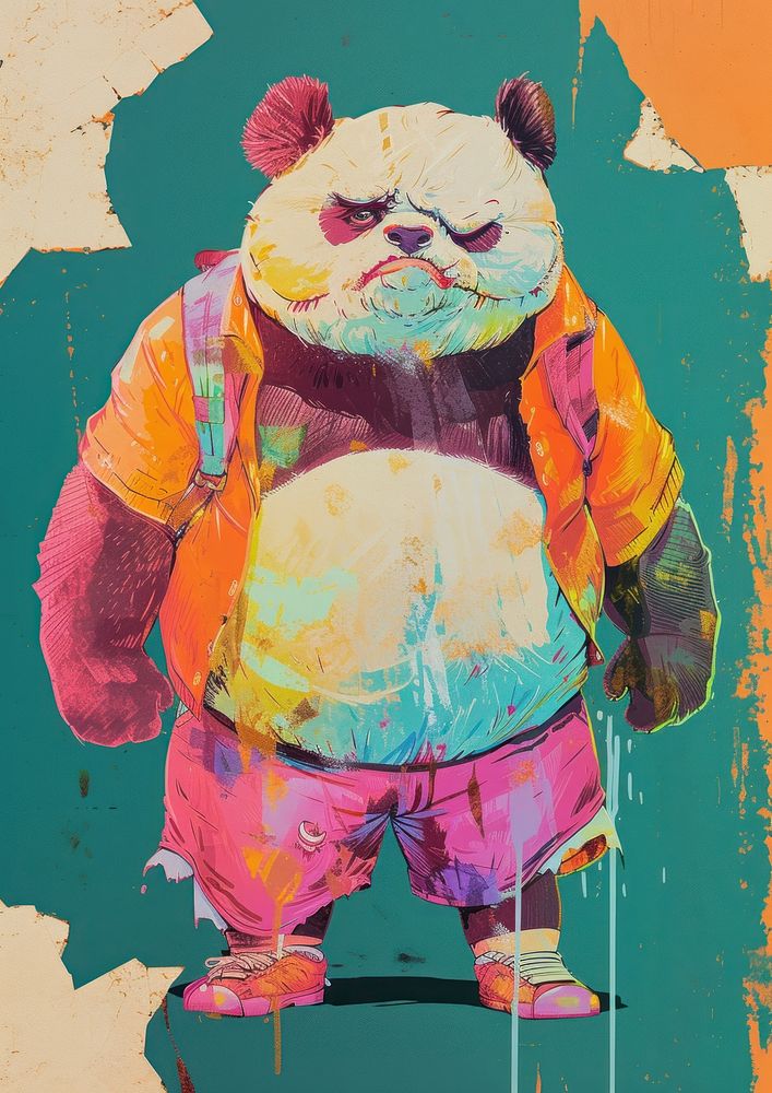 A tired diet chubby panda painting art representation.
