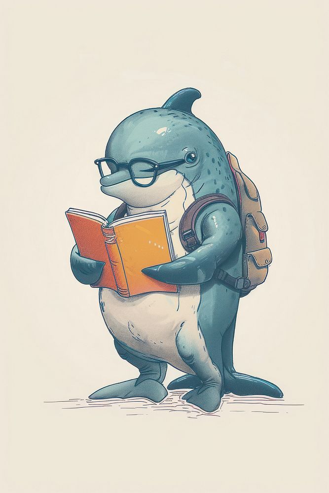 A dolphin student reading a book drawing cartoon sketch.