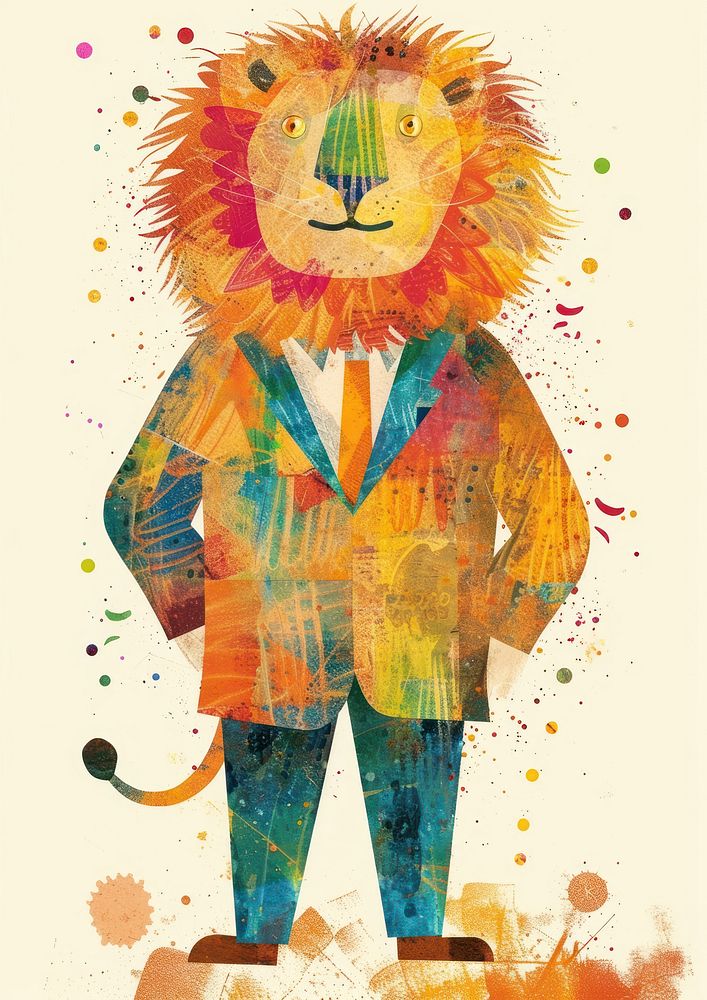 Lion businessperson standing painting collage.