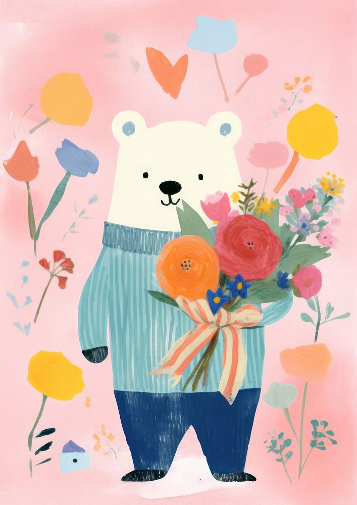 Chubby Bear with a bouquet of flowers art plant cute.