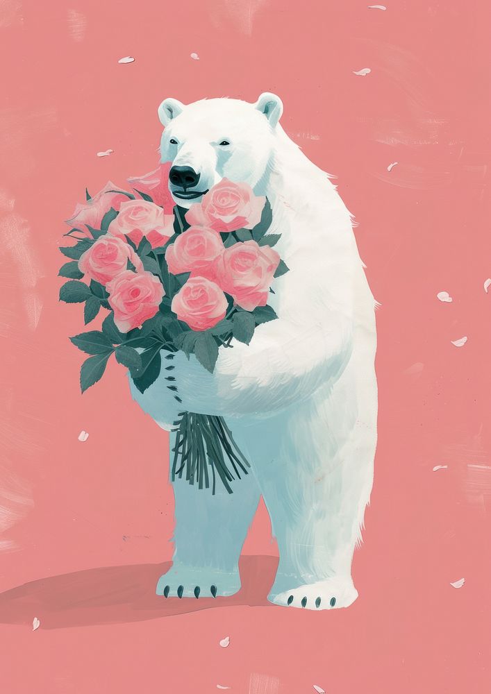 A polar bear holds a large bouquet of roses flower mammal animal.