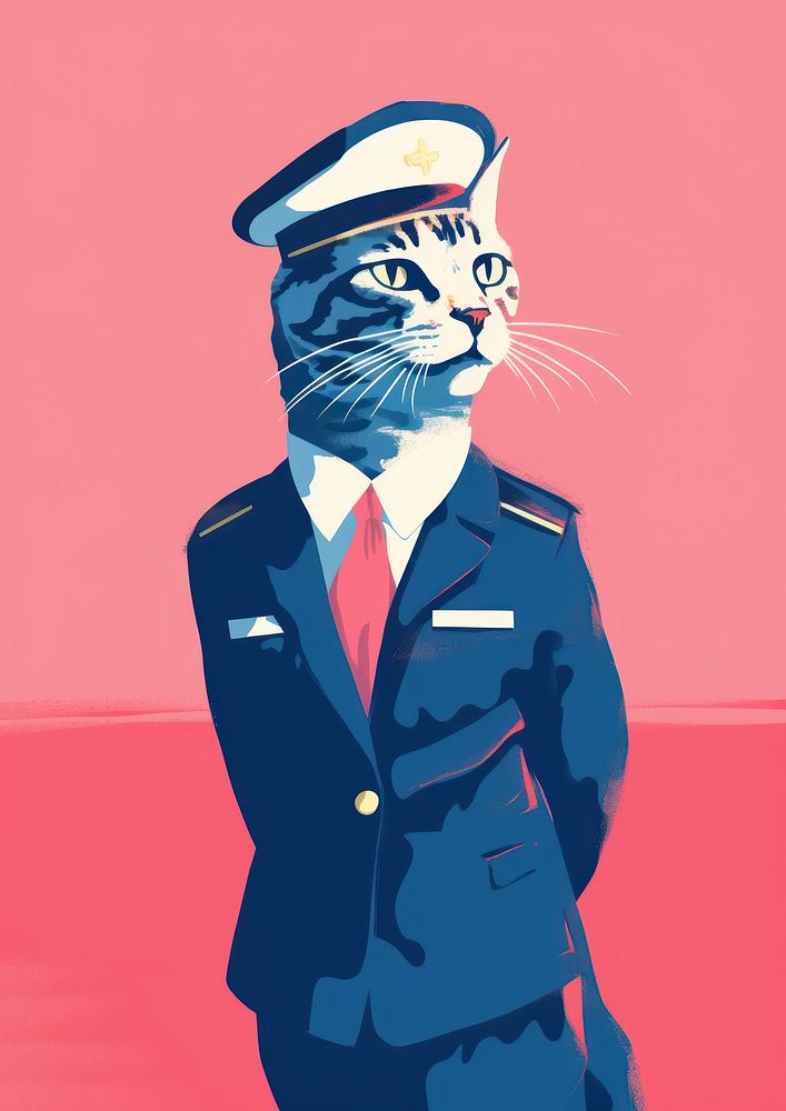 Cat wearing flight attendant uniform adult art creativity.
