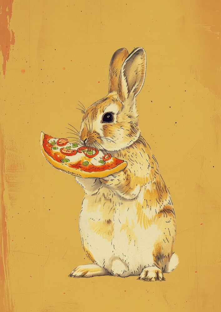 Little rabbit eating pizza food animal mammal.