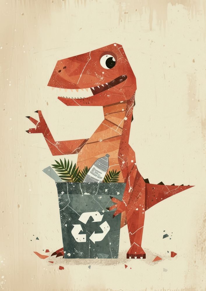 Dinosaur holding recycle bin art reptile animal.