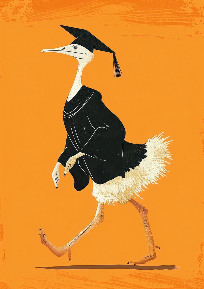 Ostrich graduates wearing a graduation gown run floating animal art ostrich.