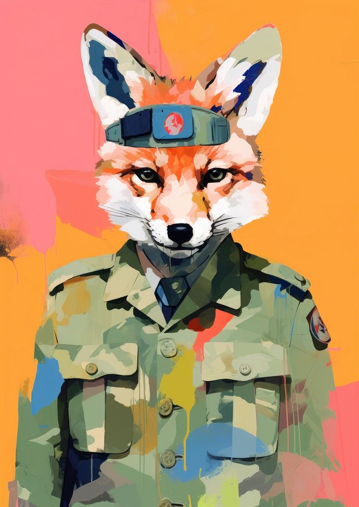 Fox wearing soldier uniform art painting mammal.