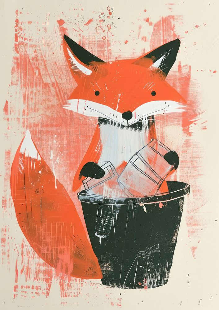 Fox holding recycle bin art painting animal.