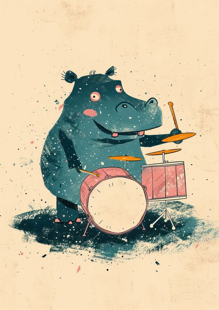 Hippo dplaying drums percussion music art.