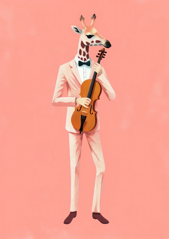 Giraffe playing a violin cartoon representation performance.