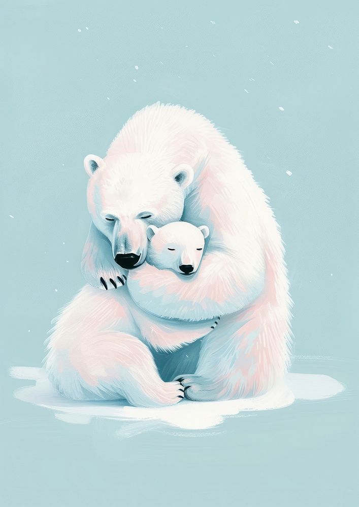Polar bear mother hugging her little polar bear baby animal mammal cute.
