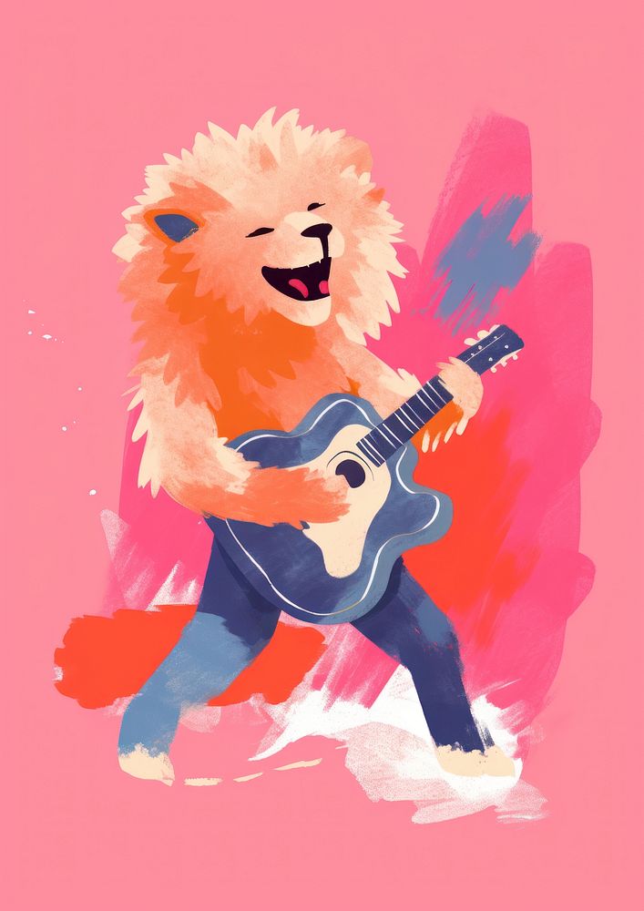 Lion playing acoustic guitar musician mammal art.