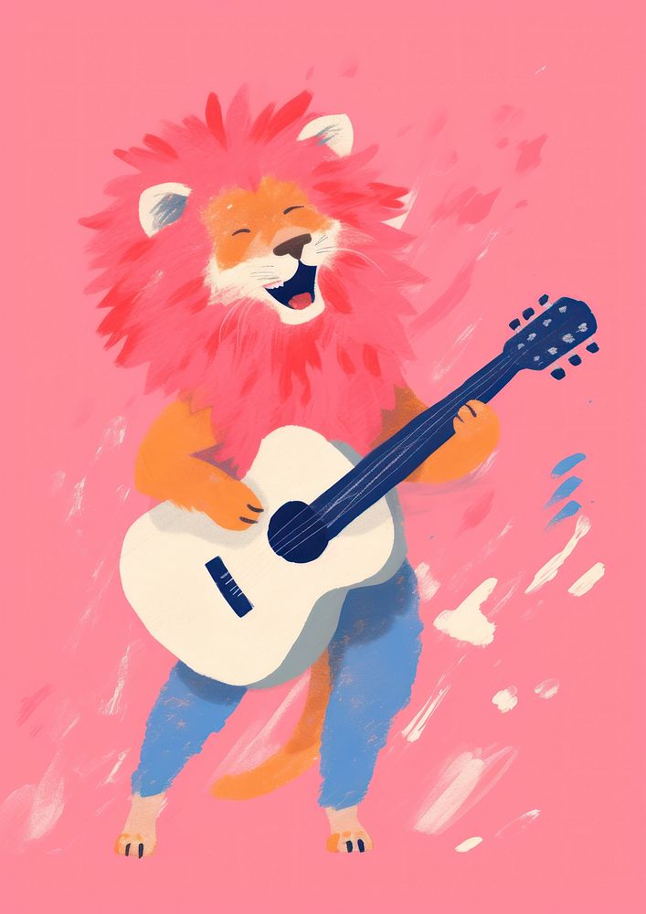 Lion playing acoustic guitar mammal art representation.