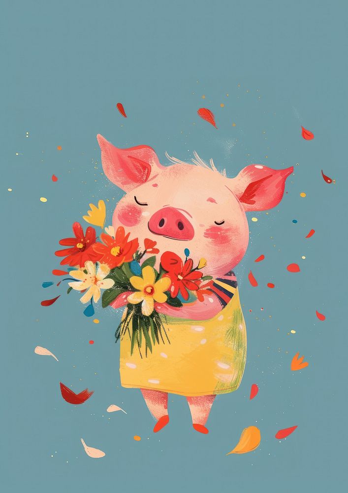 Cartoon pig holding a bunch of flowers run floating colorful clothes animal painting mammal.