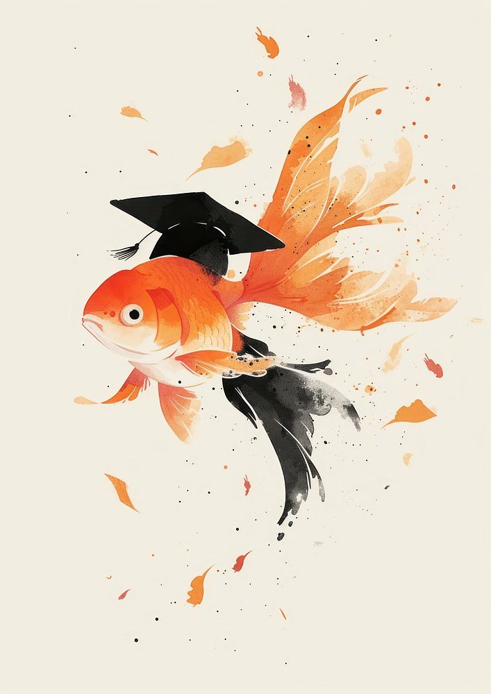 A Goldfish graduates wearing a graduation gown goldfish animal underwater.