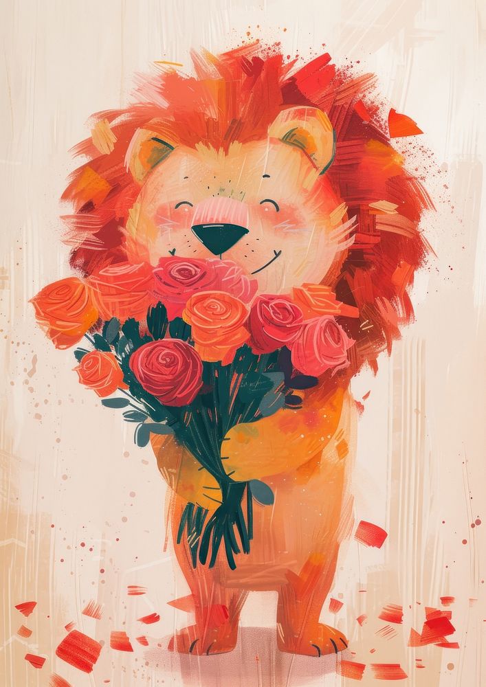 A Lion holds a large bouquet of roses art painting flower.