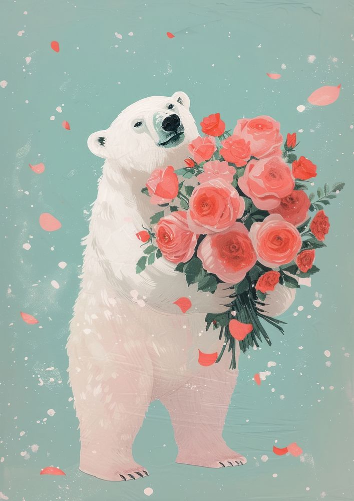 A polar bear holds a large bouquet of roses flower mammal animal.