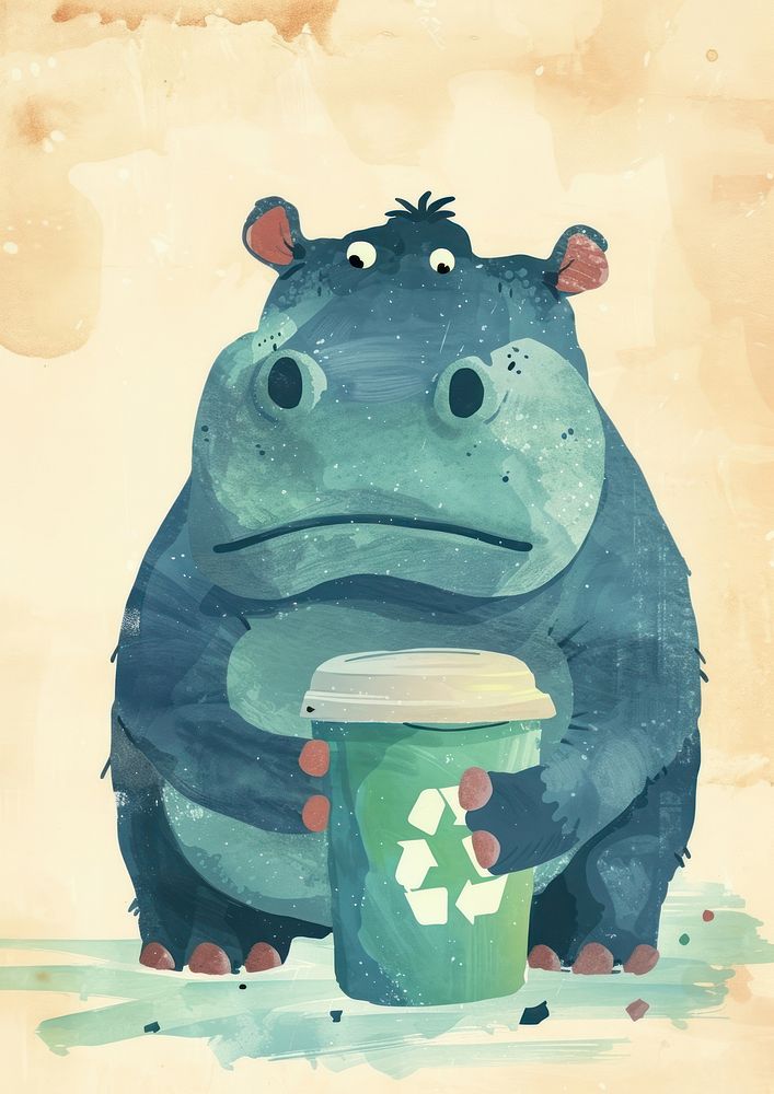 Hippo holding recycle bin animal mammal drinking.