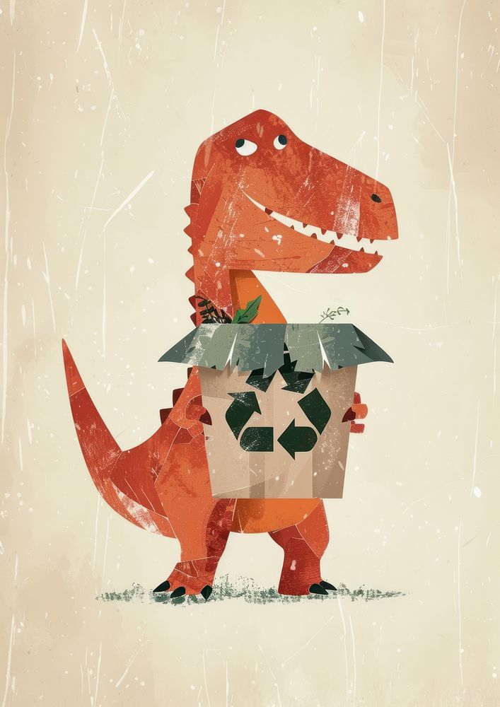 Dinosaur holding recycle bin art animal representation.