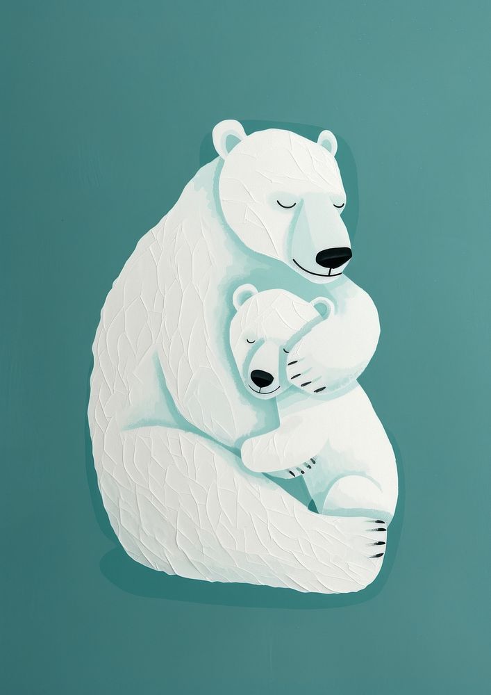 Polar bear mother hugging her little polar bear baby animal mammal nature.